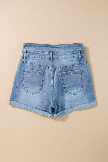 Dusk Blue Button Fly hoge taille Roll Edge denim shorts