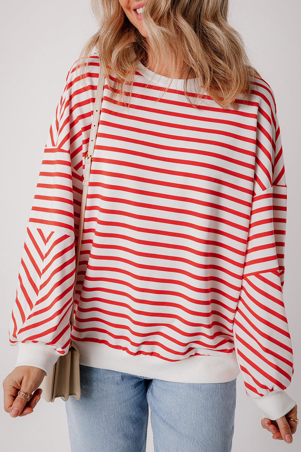 Orange Stripe Drop Shoulder Crew Neck Loose Sweatshirt