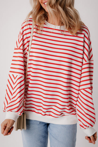 Orange Stripe Drop Shoulder Crew Neck Loose Sweatshirt