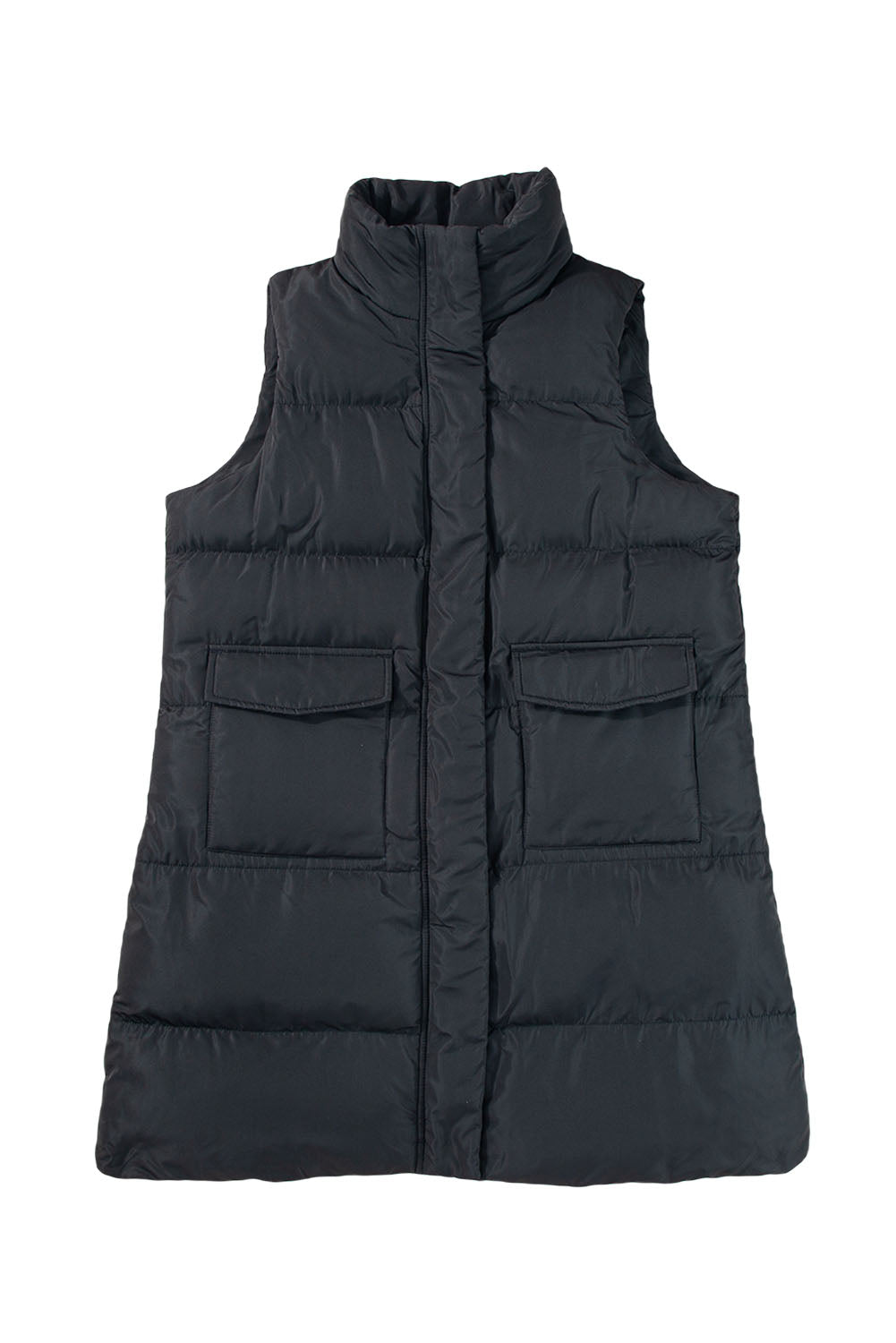 Zwarte winddichte longline Volledige zipper -puffervest met zakken