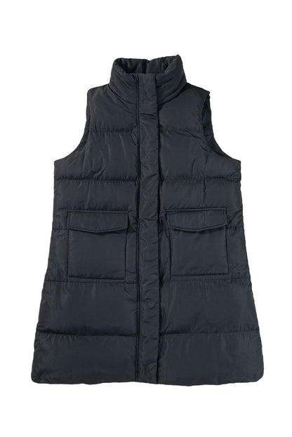 Zwarte winddichte longline Volledige zipper -puffervest met zakken