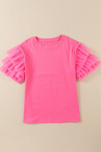 Roze tule blouse met ruches aan de mouwen