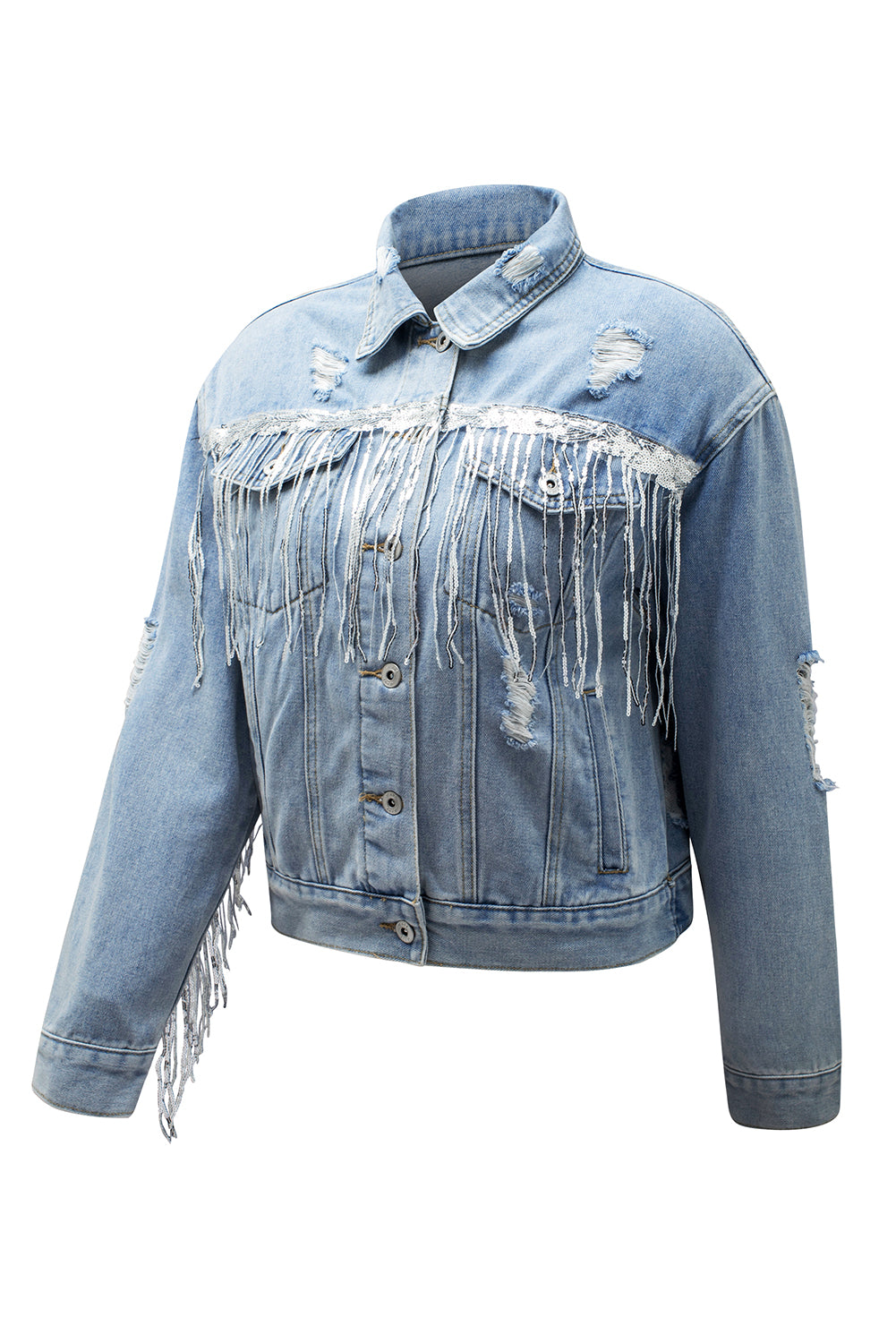 Hemelsblauw, met pailletten verfraaid denim jack met franjes