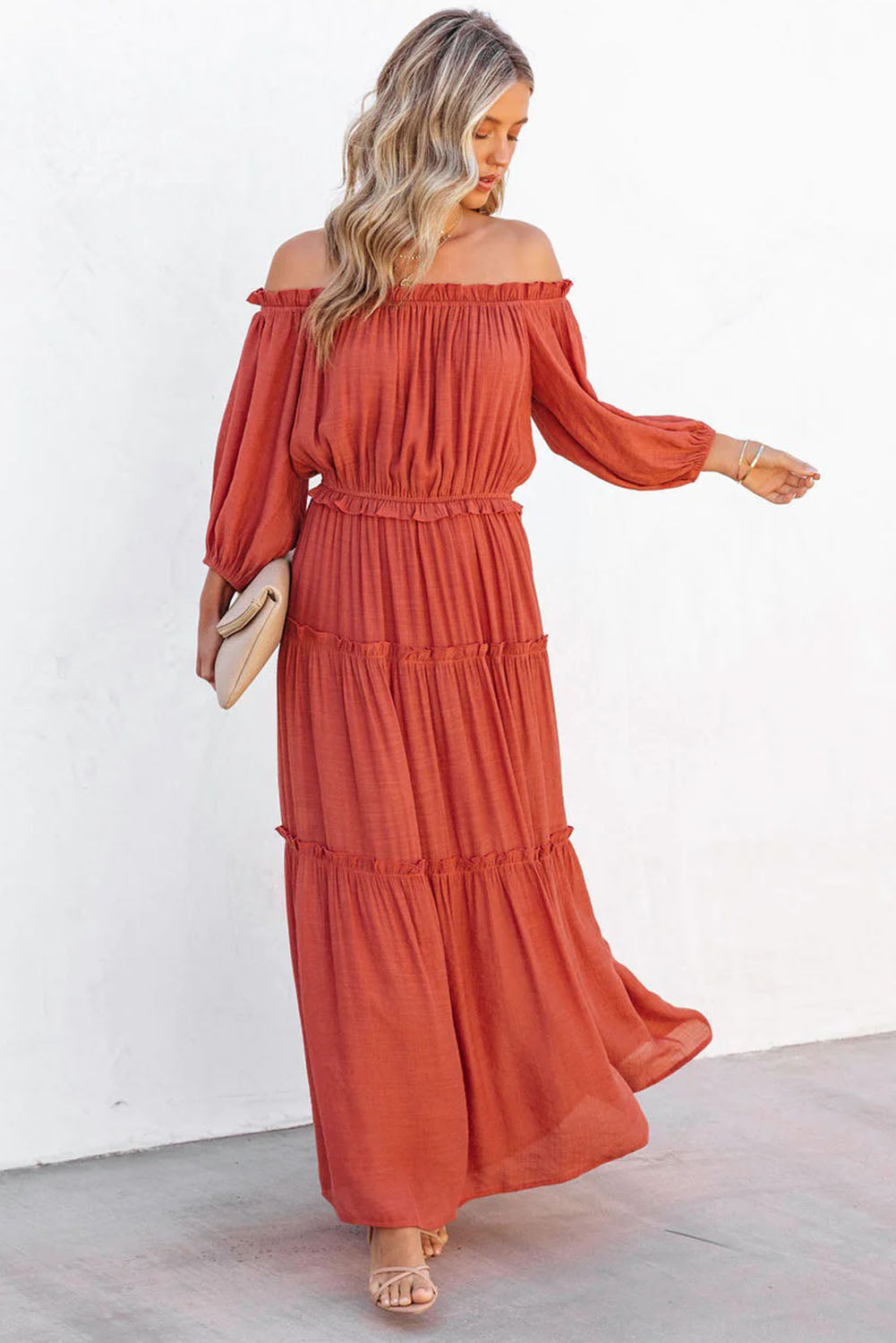 Oranje off-shoulder ballonmouwen uitgesneden maxi-jurk met ruches