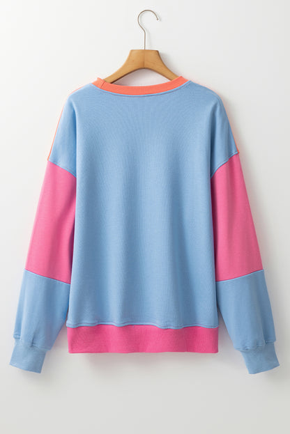 Sky Blue Colorblock Patchwork Drop Shoulder Sweatshirt