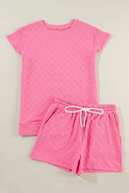 Sachet roze geruit T-shirt met textuur en short met trekkoord