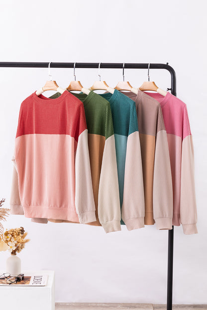 Khaki Color Block Long Sleeve Ribbed Loose Top