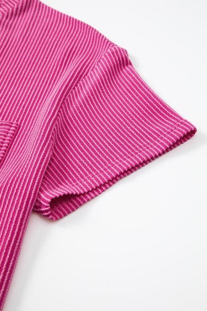 Pink Corded Knit Pocketed Loose Fit T Shirt