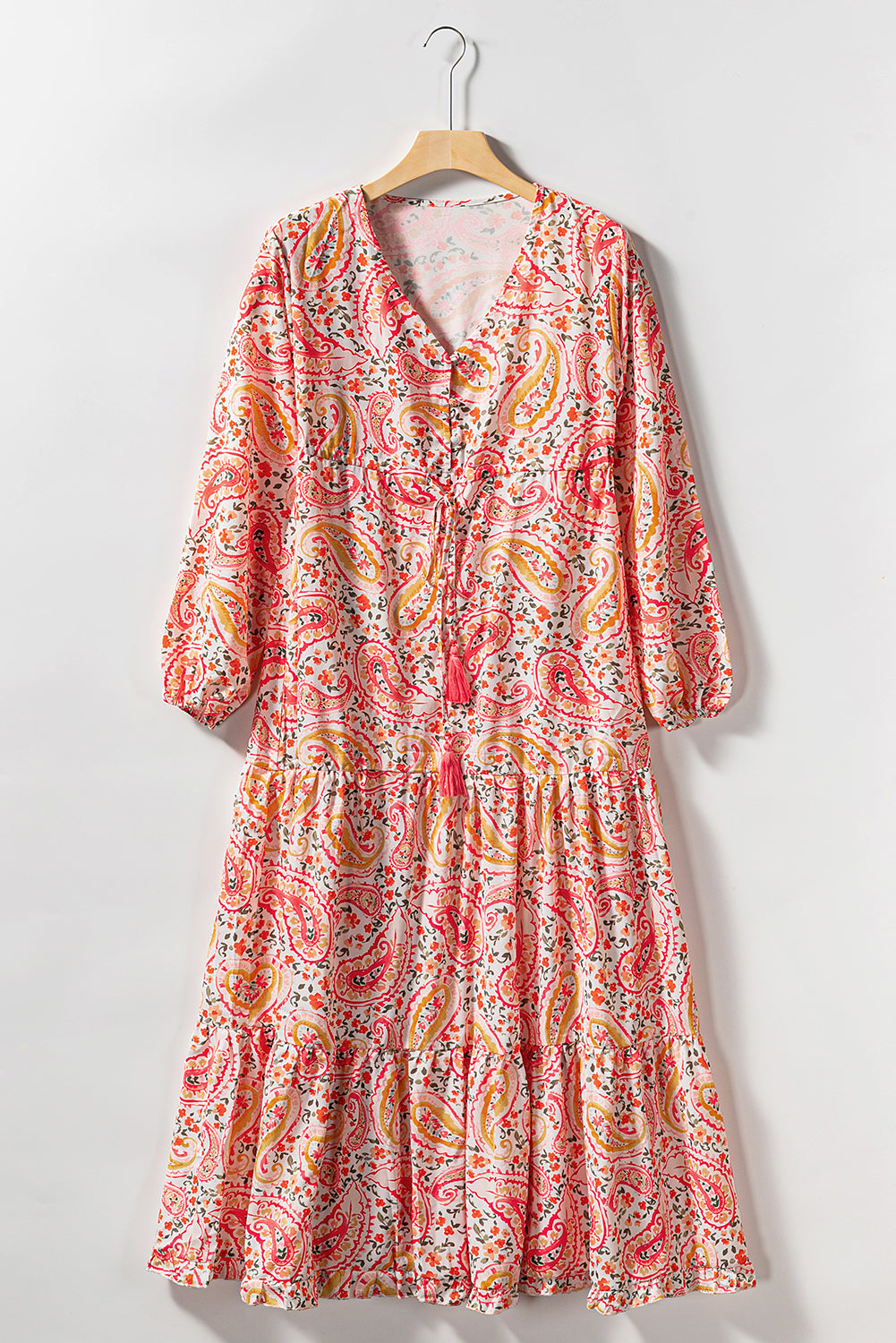 Oranje Boho Holiday Paisley-print gelaagde maxi-jurk met lange mouwen