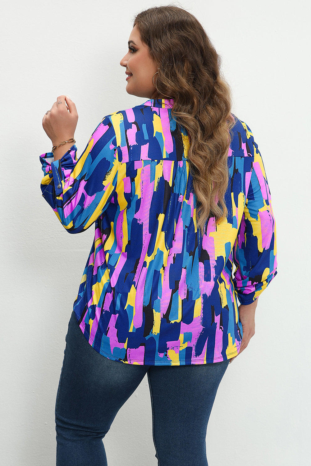 Blauwe grote maat blouse met penseelstreekprint en 3/4 mouwen