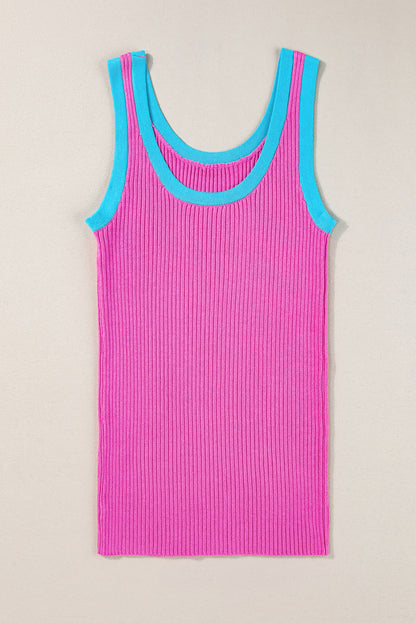 Felroze geribbelde tanktop met U-hals en colorblockrand