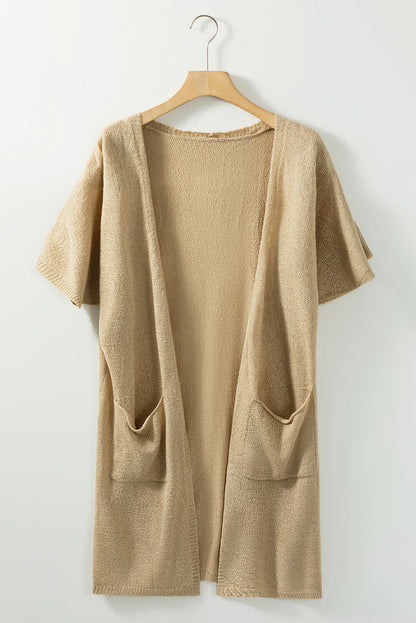 Khaki Dolman Half Sleeve Pocketed Long Cardigan