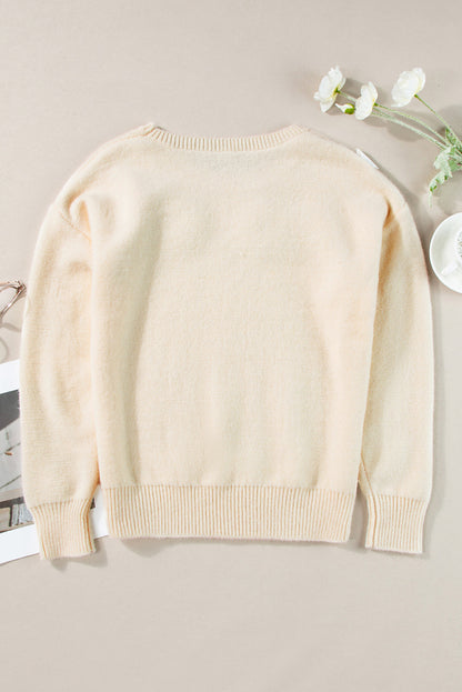 Beige Knitted Flower Pattern Ribbed Edge Sweater