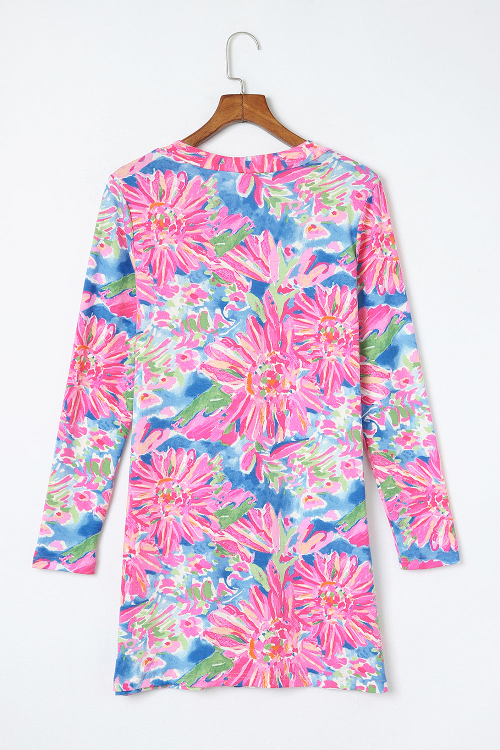 Pink Flower Print Long Sleeve Button Up Cardigan