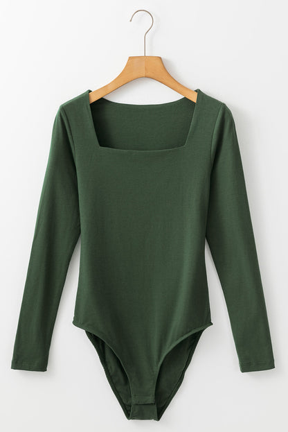 Zwartgroen effen kleur vierkante hals lange mouwen slim fit bodysuit