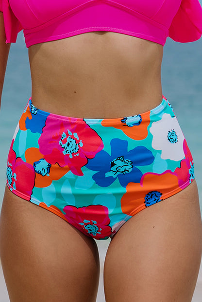 Rozerood bikinibroekje met hoge taille en bloemenprint