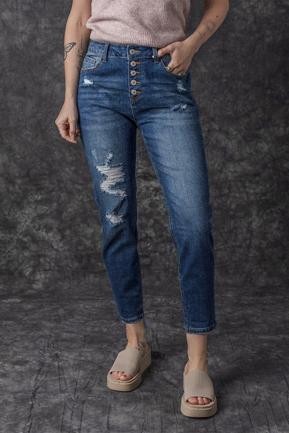 Blauwe noodlijdende skinny jeans met hoge taille en knoopsluiting