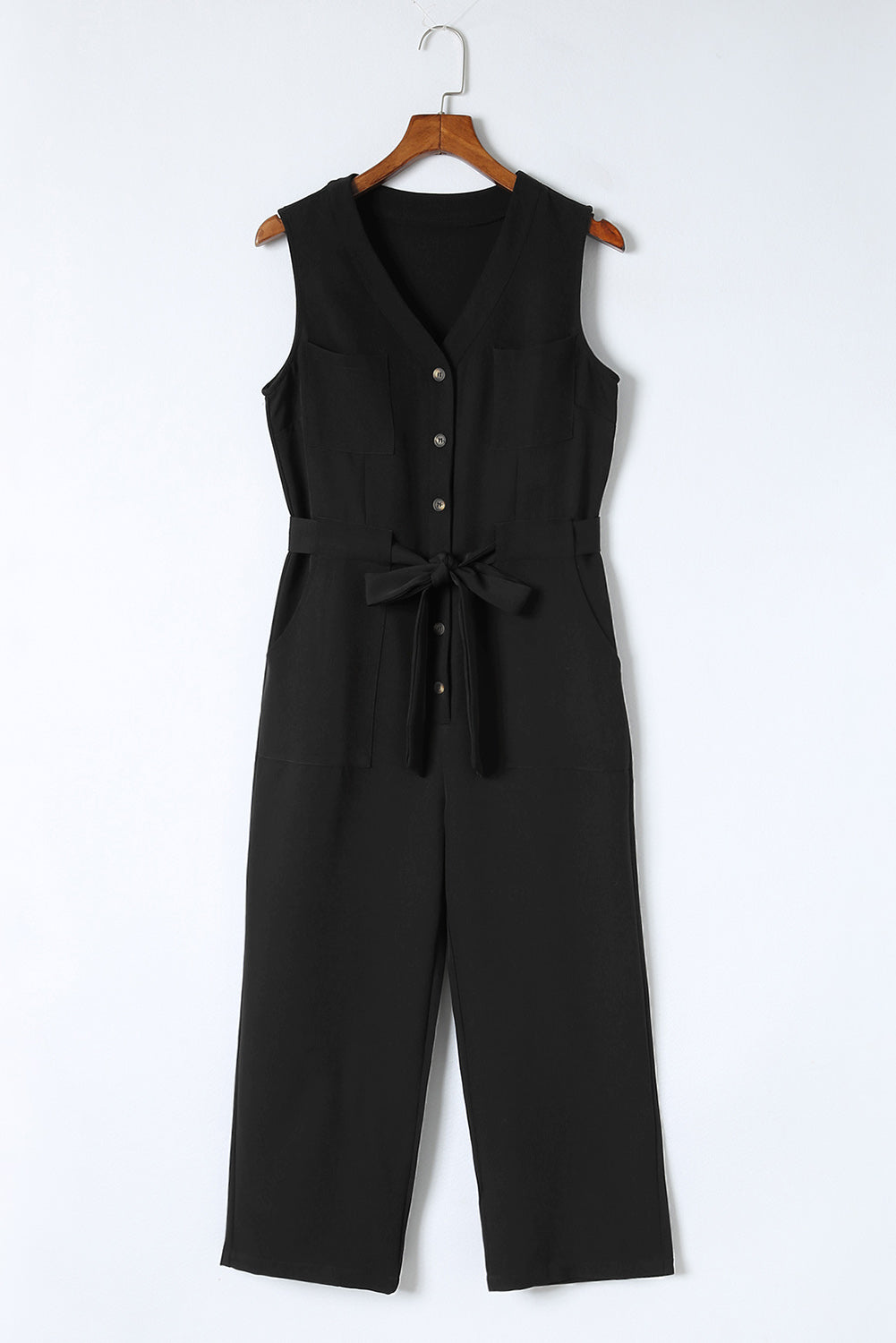 Zwarte mouwloze cropped jumpsuit met knopen en sjerp