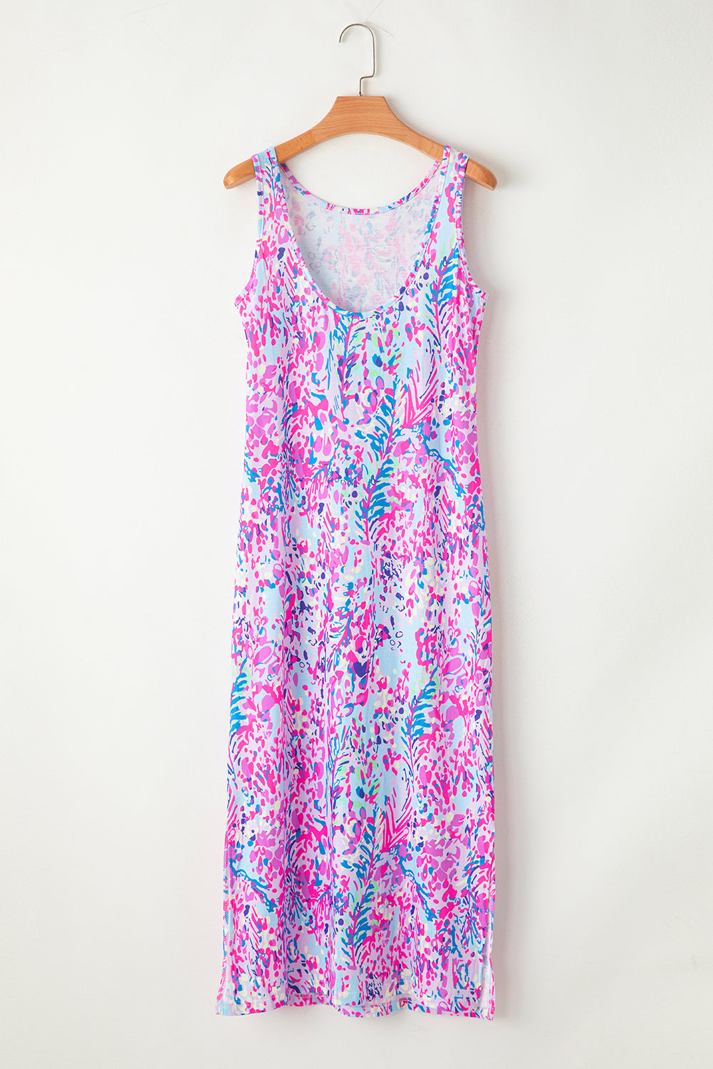 Paarse mouwloze maxi-jurk met abstracte bloemenprint