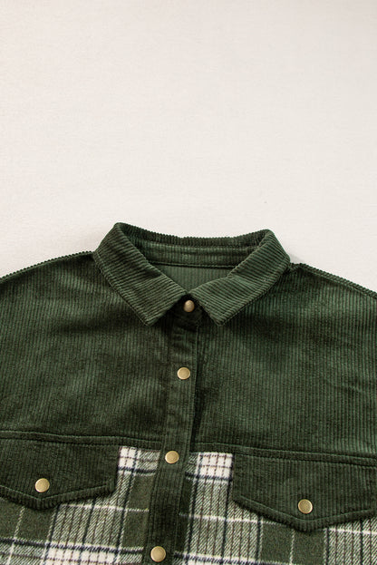 Blackish Green Snap Buttons Colorblock Plaid Shacket