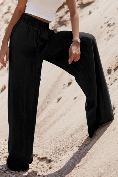 Black Drawstring High Taille Wide Leg Denim Pants