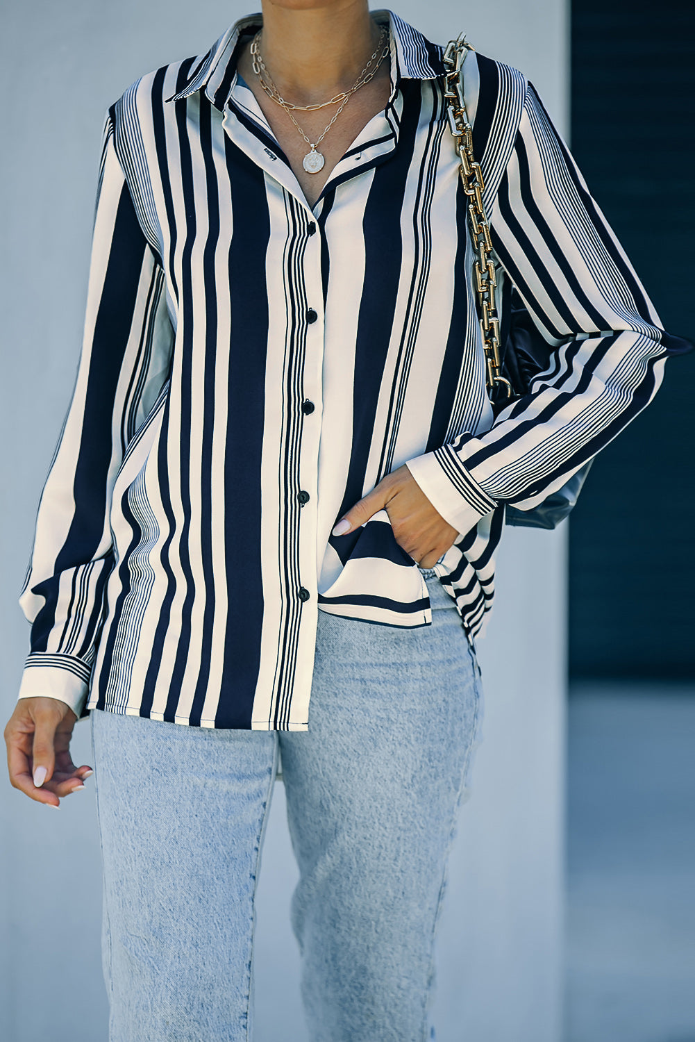 White Navy Striped Modern Women Shirt