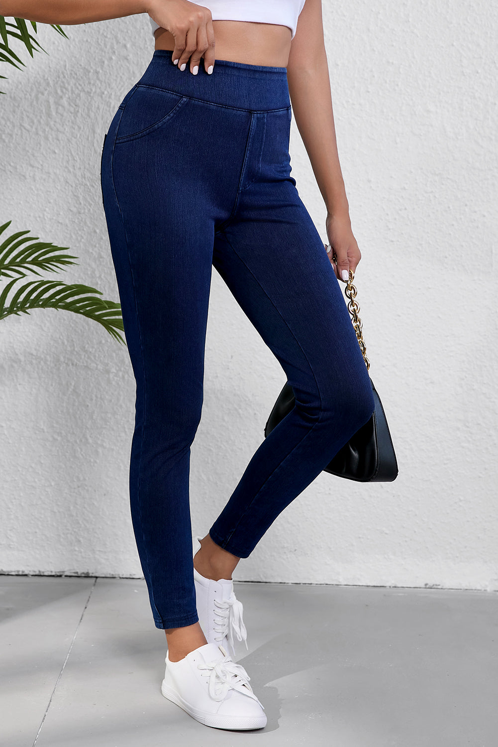 Ashleigh Blauwe Effen Kleur Hoge Taille Rekbare Slim Fit Jeggings