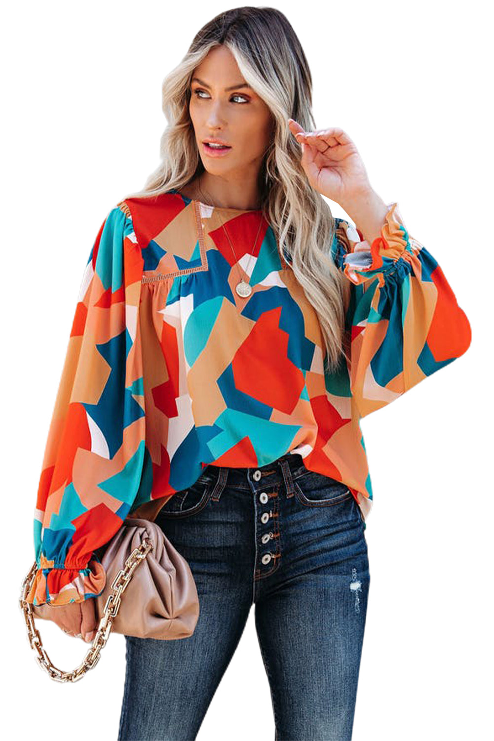 Multicolor Abstract Pattern Crewneck Ruffled Puff Sleeve Blouse