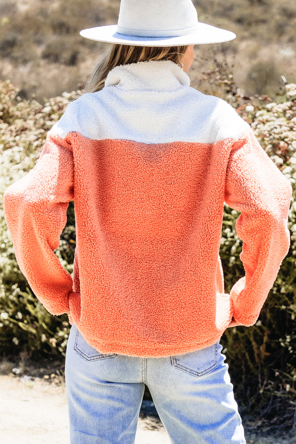 Oranje kleurblok half ritssluiting nek sherpa sweatshirt