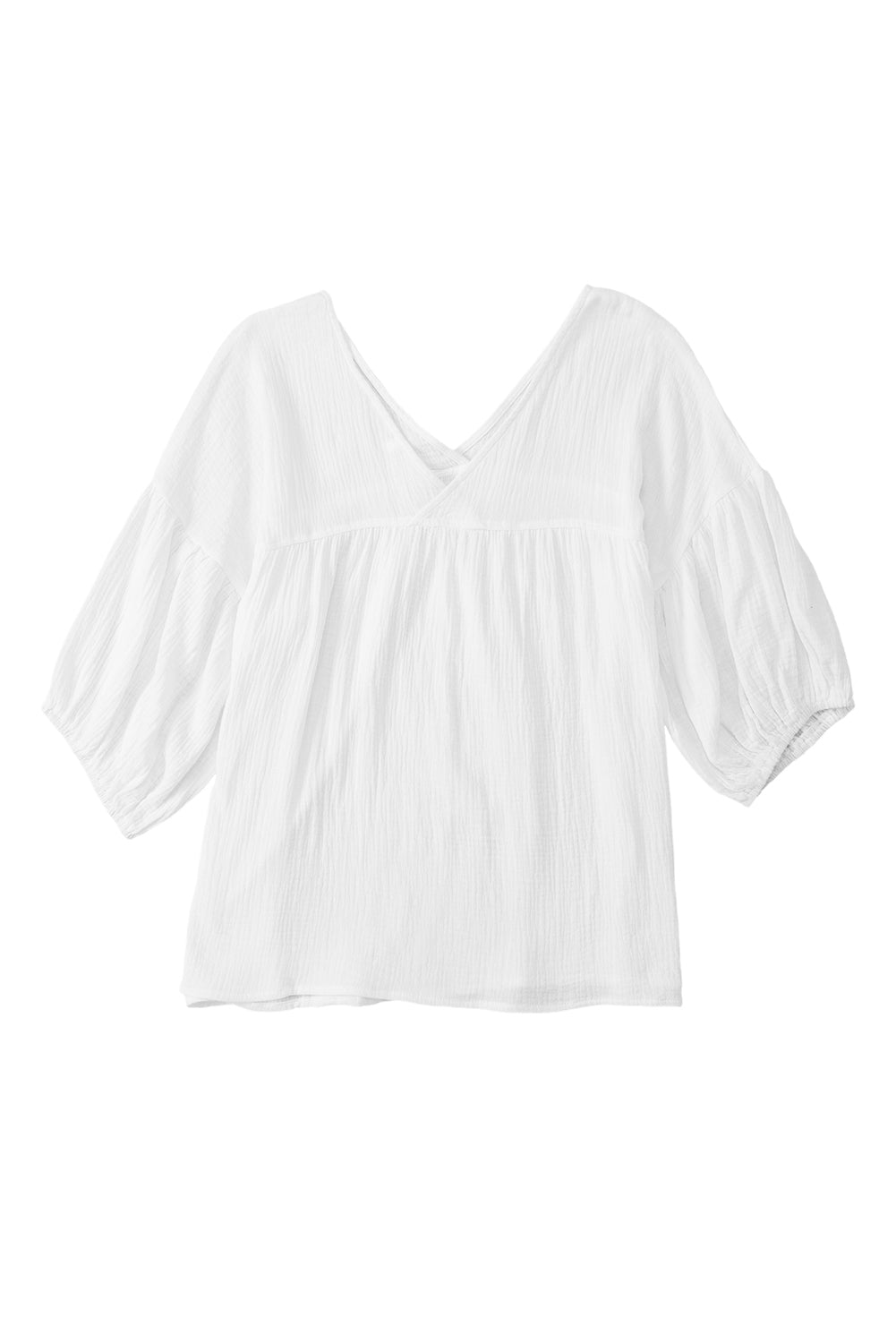 Witte getextureerde babydollblouse met V-hals en armbandmouwen