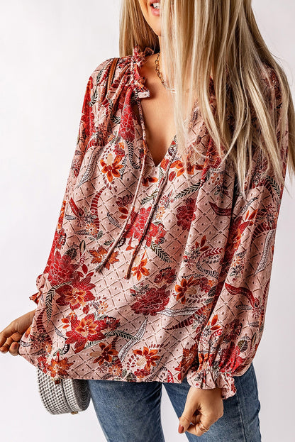 Pink Split V Neck Printed Blouse