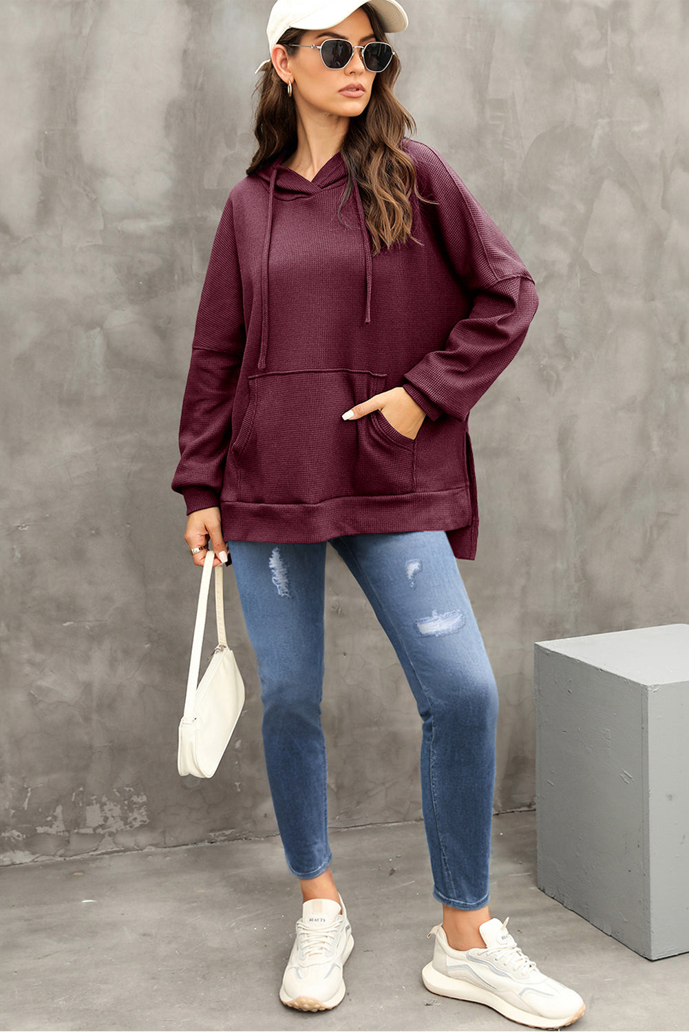 Grijze wafel gebreide fleece gevoerde high low oversized hoodie