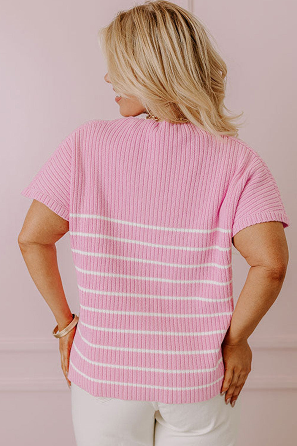 Roze gestreept geribbeld los plus T-shirt