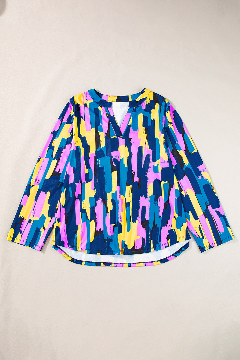 Blauwe grote maat blouse met penseelstreekprint en 3/4 mouwen