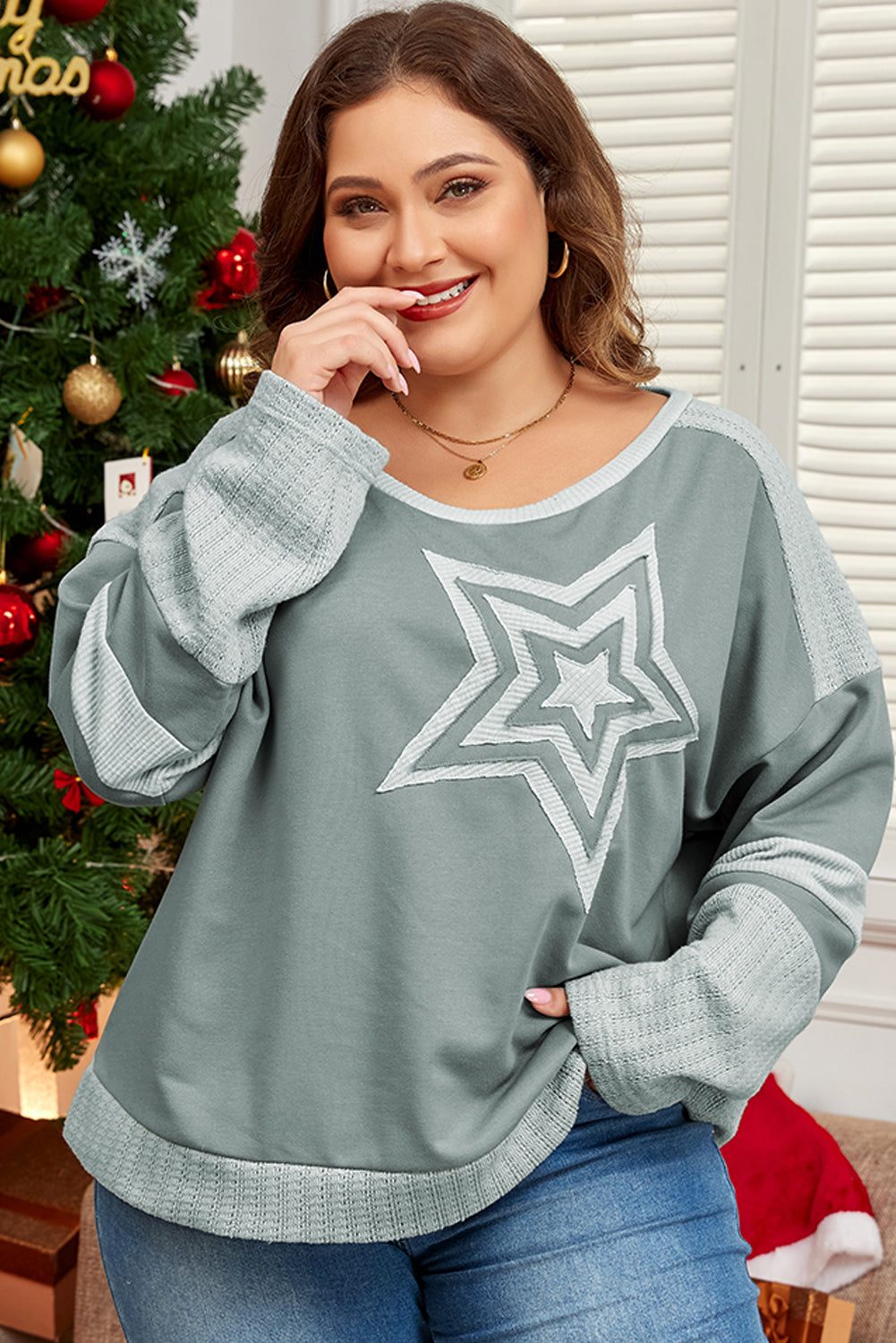 Mist Green Stars Patchwork Round Neck Plus Size T -shirt