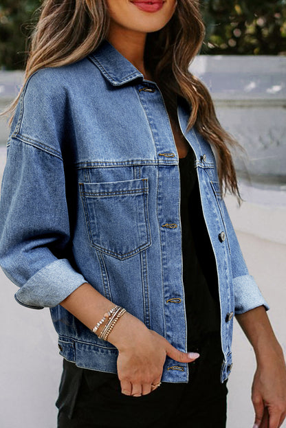 Lichtblauw gewassen oversized denim jack met zakken