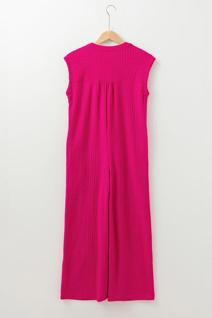 Bright Pink Terry Textured Sleeveless Button Front Wide Leg Jumpsuit