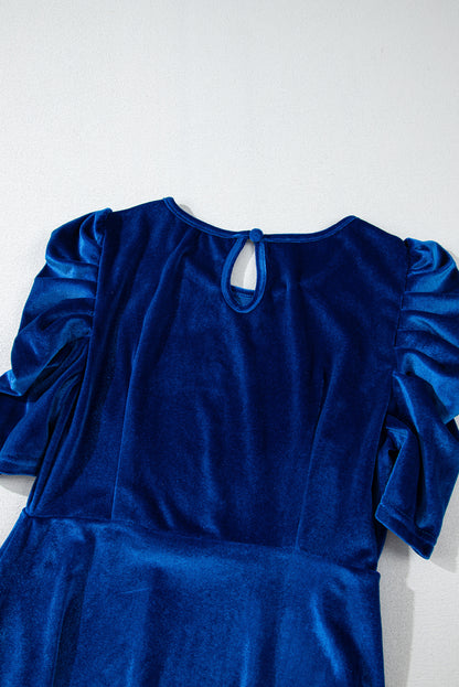 Sail Blue Velvet Gerimpelde Mini-jurk met Korte Mouwen en Zakken