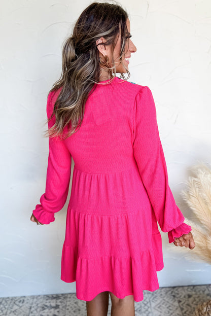 Rose Red Colorful Crochet V Neck Textured Tiered Ruffled Long Sleeve Mini Dress