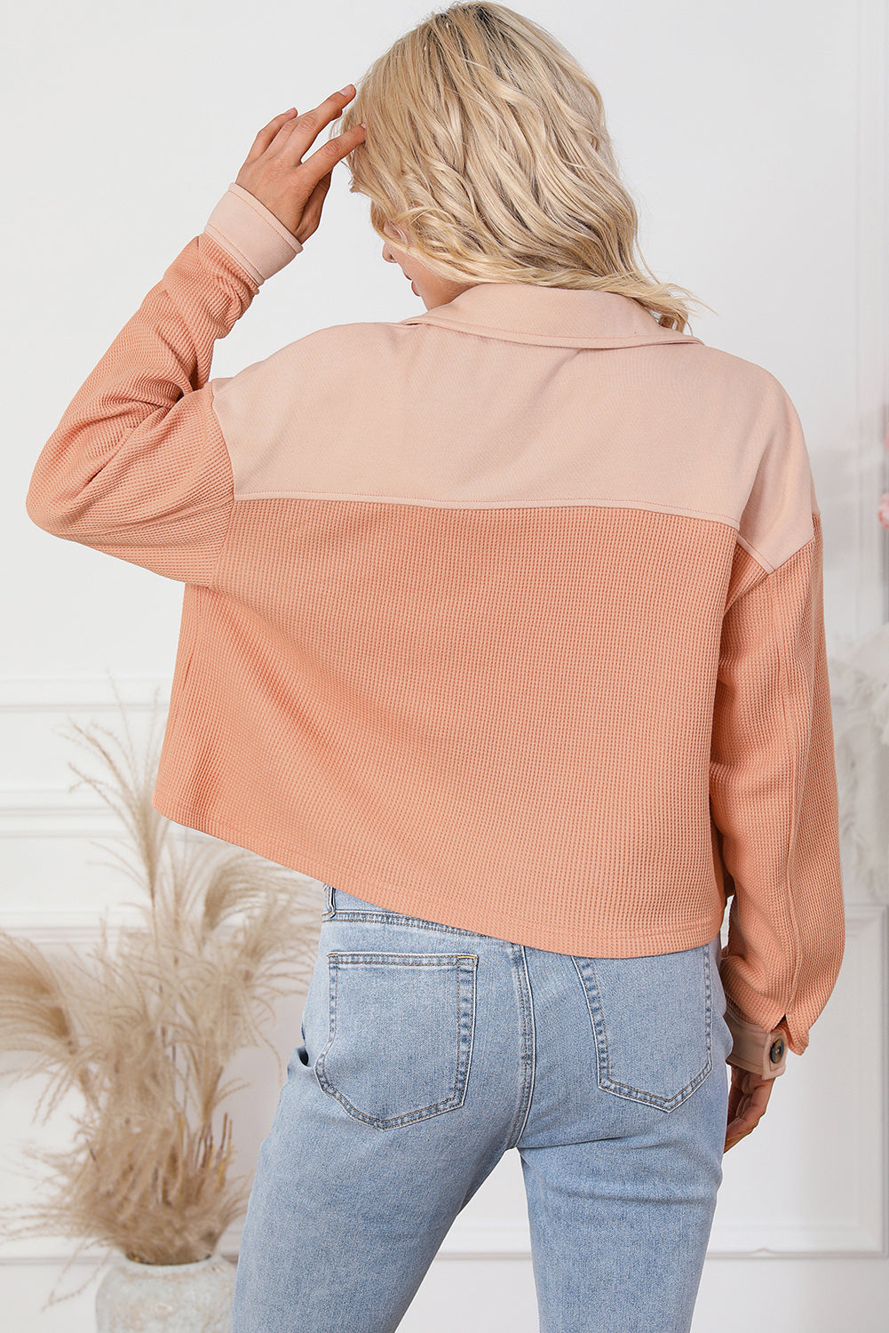 Oranje getextureerde wafel gebreide borstzakken cropped shacket