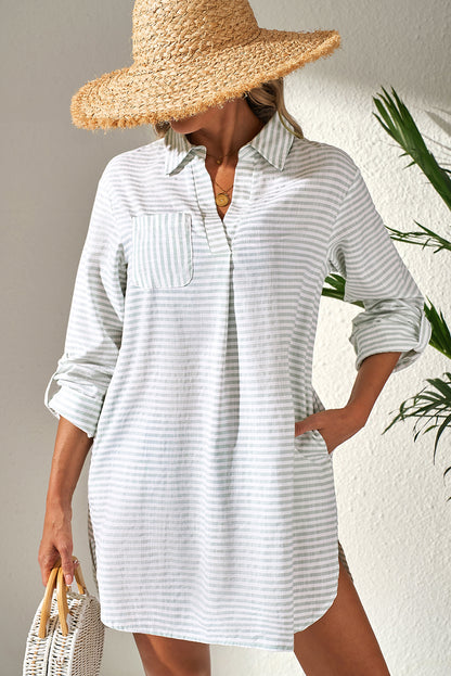 Witte streep Collared v Neck Borst Pocket Lange Mouw Beach Cover Up