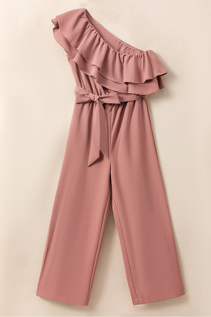 Stoffig roze jumpsuit met één schouder en ruches en riem