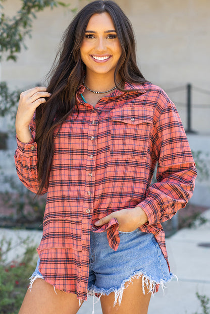 Green Plaid Long Sleeeve Side Split Distressed Hem Shirt