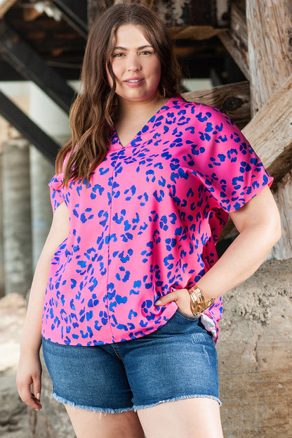 Roze contrasterende luipaardprint plus maat blouse met V-hals