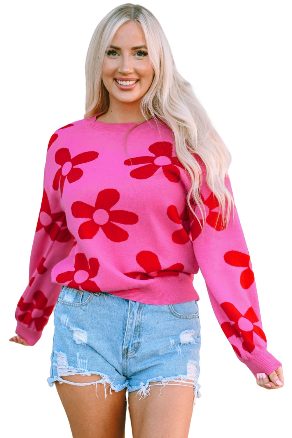 Rose Big Flower Knit Ribbed Trim Sweater