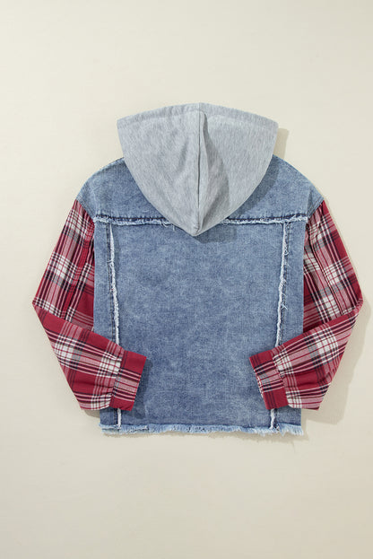 Beau Blue Plaid Print Patchwork Hooded Raw Hem Denim Jack