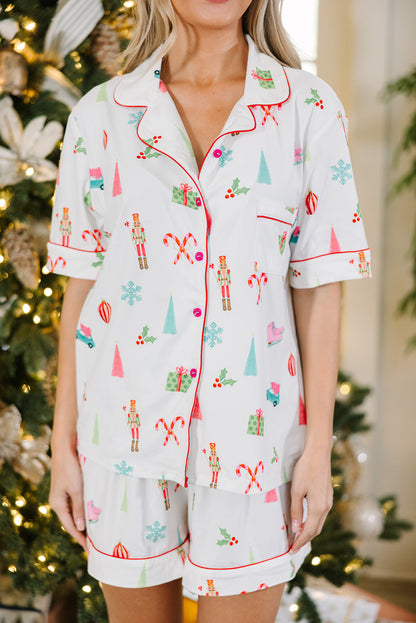 Witte kerstdruk shirt met korte mouwen en shorts pyjama set