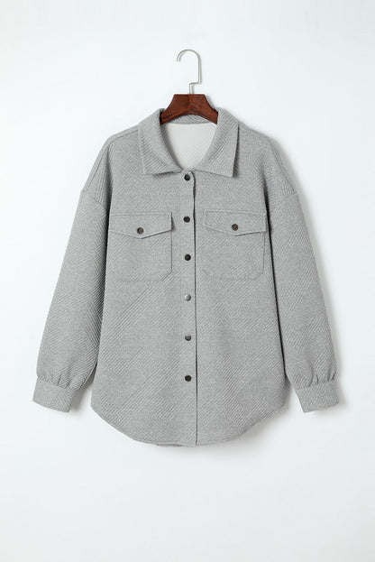 Gray Solid Textured Flap Pocket Buttoned Shacket