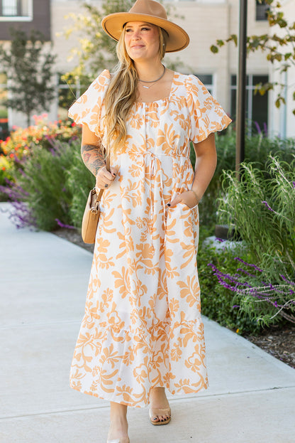 Apricot Floral Print Puff Short Sleeve Resort Plus Size Maxi Dress