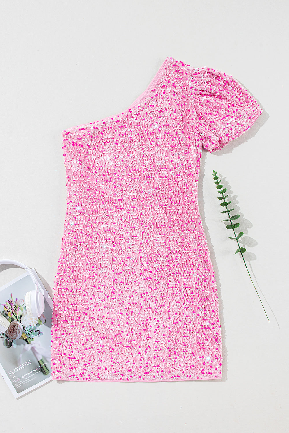 Roze pailletten een schouder pofmouw bodycon mini-jurk